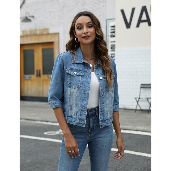 Women's 3/4 Sleeve Colored Cropped Denim Jacket Short Jean Jacket Trucker Blue - Picture 7 of 7